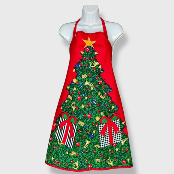 Christmas Apron Tree Presents Pockets Handmade Novelty Gift Red Green Holiday - Picture 1 of 13